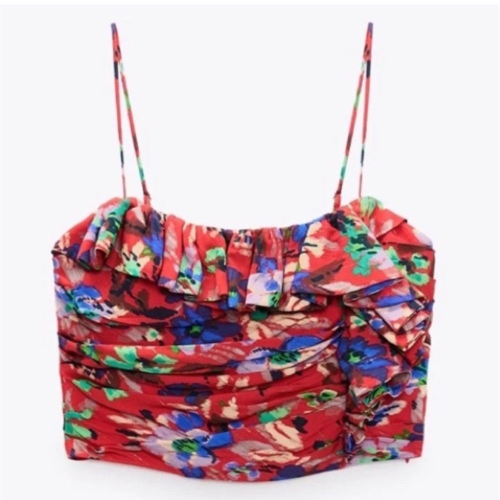Zara Red Floral Ruffle Crop Top